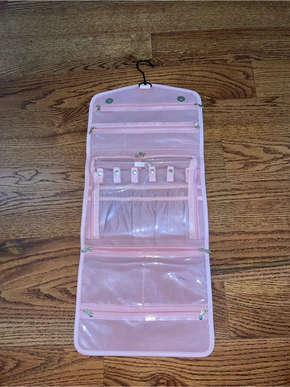 Pink Hanging Jewelry Organizer with Multiple Compartments